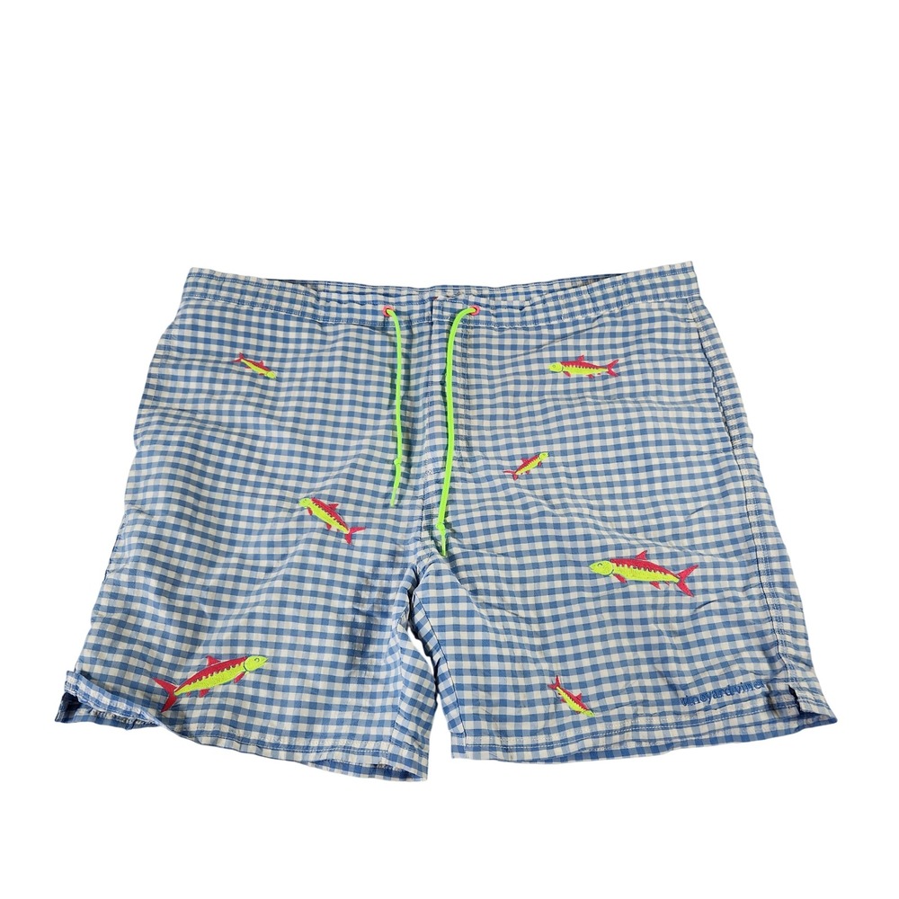 Vineyard Vines Mens XL Blue Gingham Embroidered Fish Swim Trunks Board Shorts